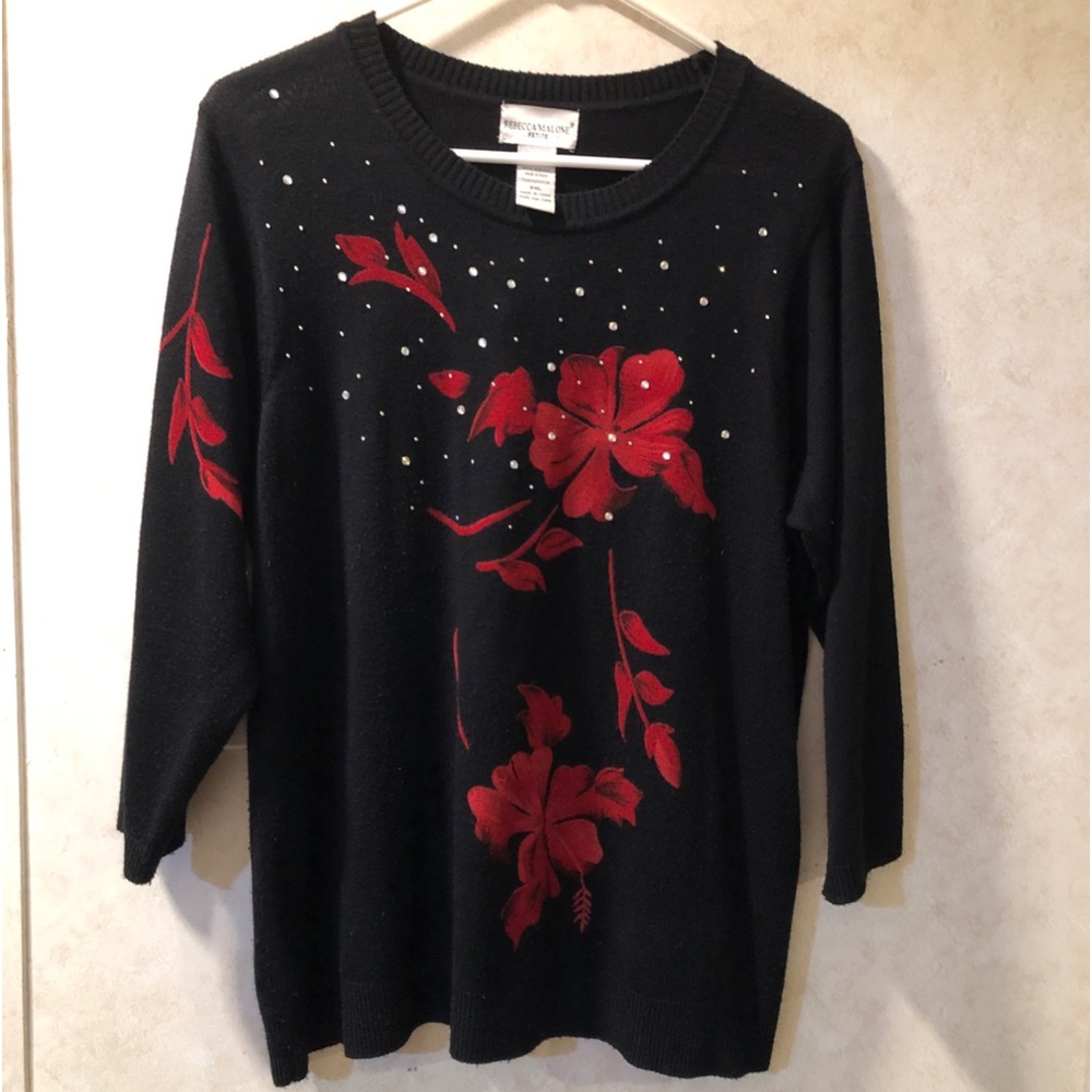 Rebecca Malone Christmas shirt with red poinsettias and bling. Size PXL